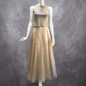 Vintage Cachet y2k gold two piece prom dress, organza skirt and lurex top
